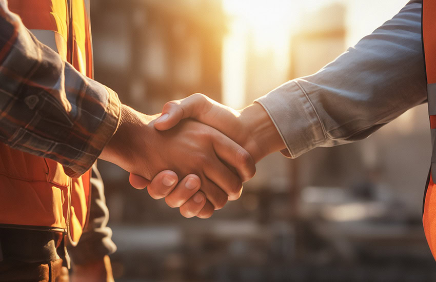 two workers in safety vests shaking hands