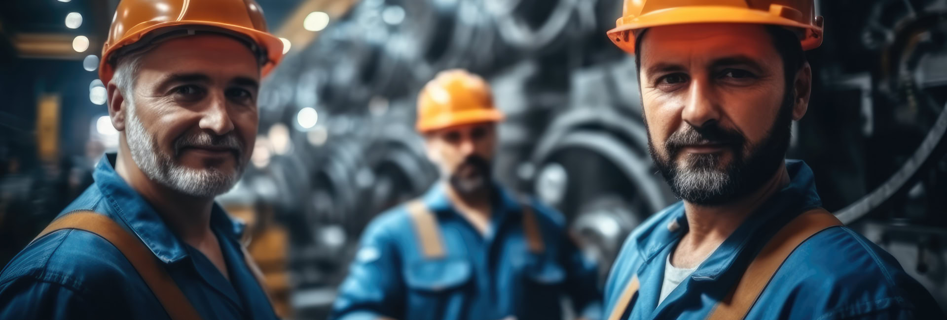 three workers in overalls and hardhats smiling