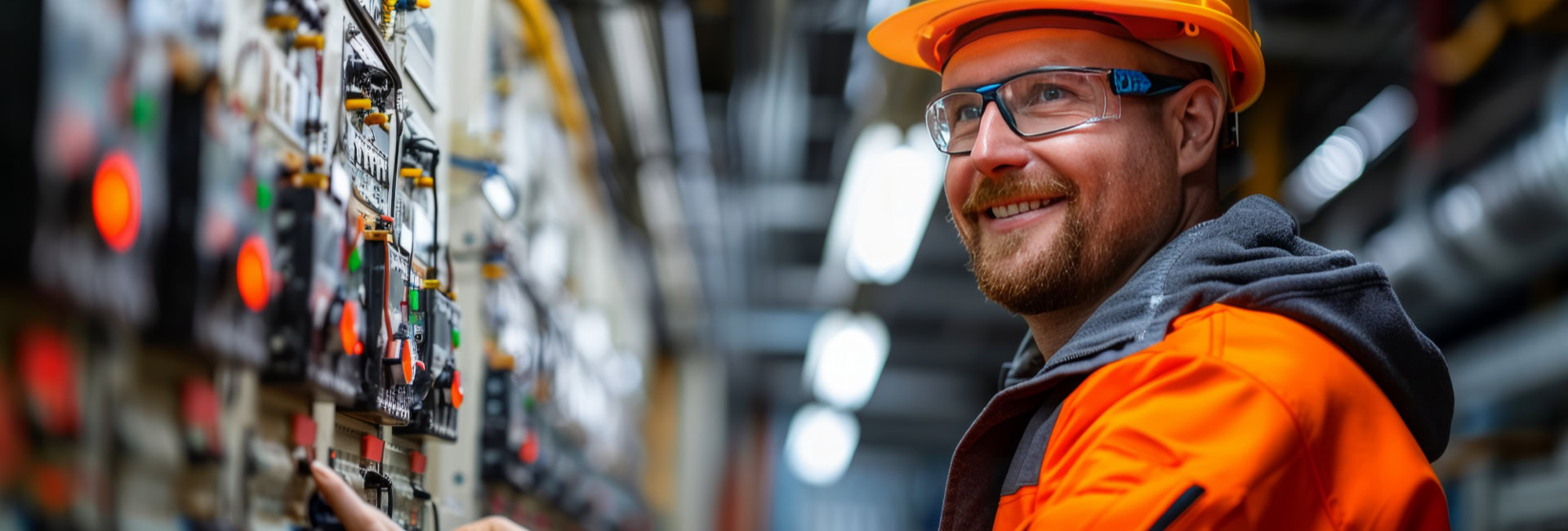 a worker in a safety vest, safety glasses and a hardhat smiling while looking at electrical panels