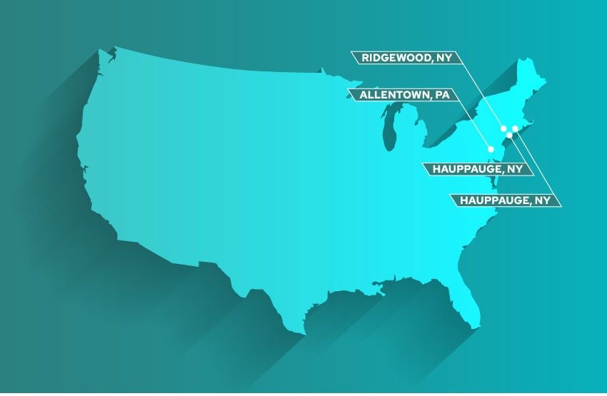 a design showing the Eleconnex service map, featuring ridgewood, allentown, hauppauge.